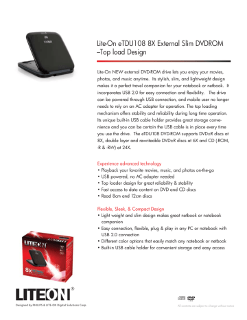 Lite-On eTDU108 8X External Slim DVDROM –Top load Lite-On eTDU108 8X External Slim DVDROM –Top load