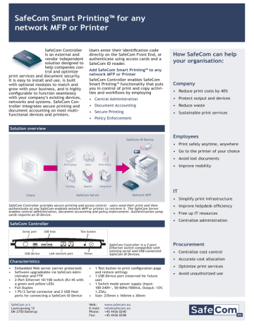 SafeCom Smart Printing™ for any network MFP or Printer SafeCom Smart Printing™ for any network MFP or Printer