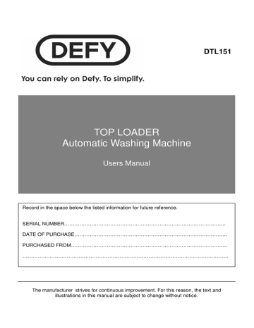 Defy 15kg Top Loader DTL 151 Owner Manual | Manualzz
