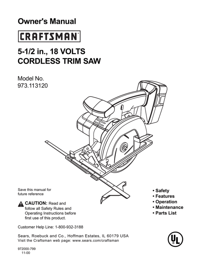 5-1/2 in., 18 VOLTS CORDLESS TRIM SAW Owner`s 5-1/2 in., 18 VOLTS CORDLESS TRIM SAW Owner`s