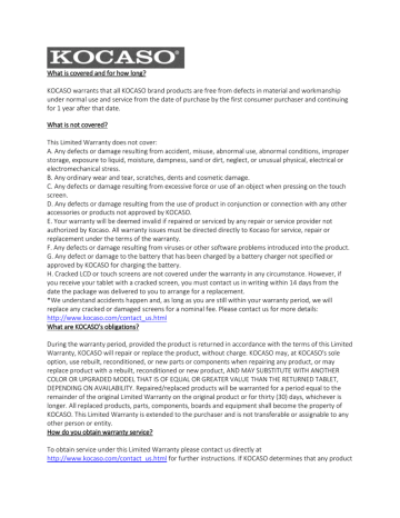 What is covered and for how long? KOCASO warrants that all What is covered and for how long? KOCASO warrants that all