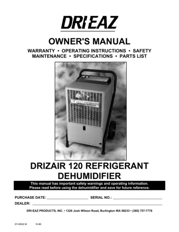 owner`s manual drizair 120 refrigerant dehumidifier - Dri owner`s manual drizair 120 refrigerant dehumidifier - Dri