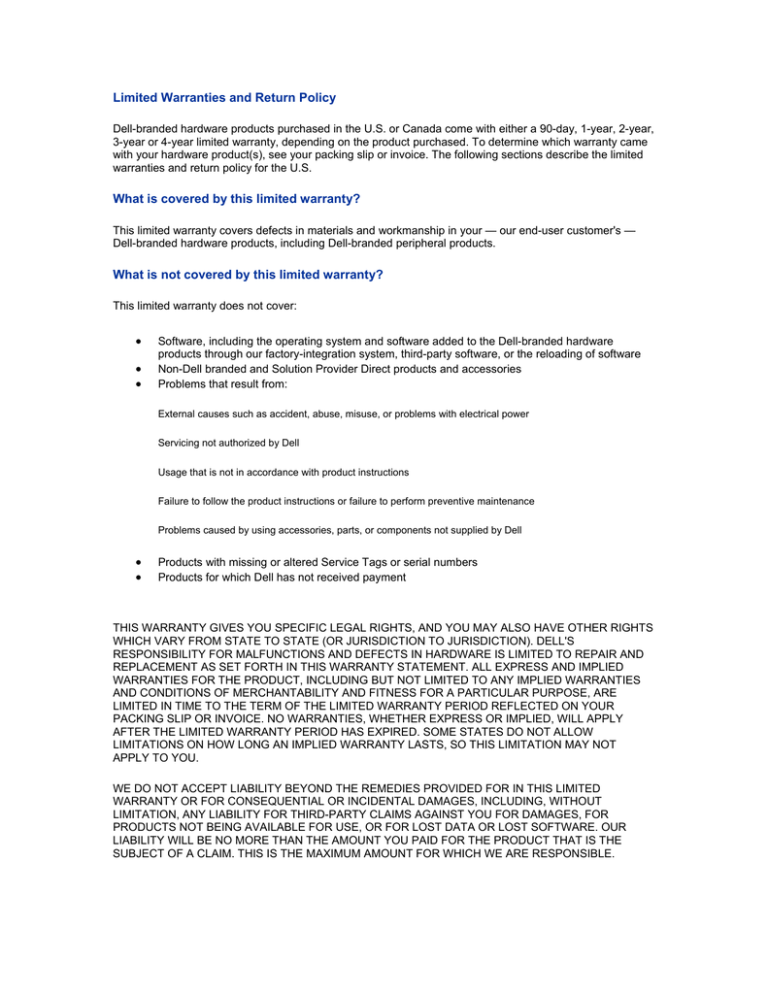 Limited Warranties and Return Policy Limited Warranties and Return Policy