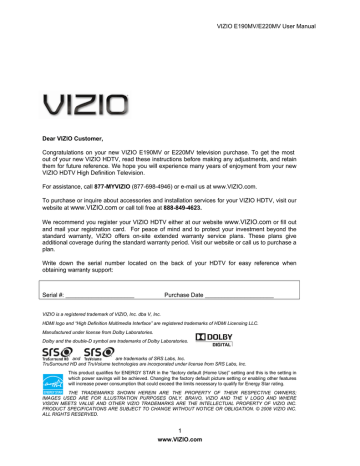 Vizio E190MV User manual | Manualzz Vizio E190MV User manual | Manualzz