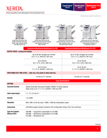 WorkCentre Pro 265/275 Detailed Specifications WorkCentre Pro 265/275 Detailed Specifications