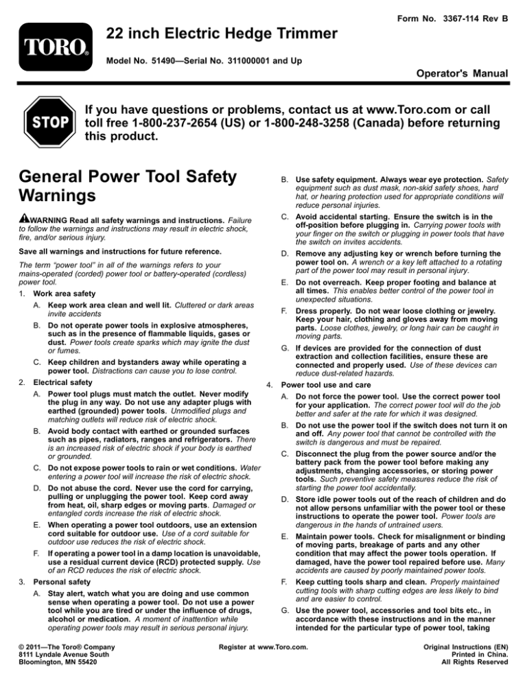 Toro 22in Electric Hedge Trimmer User manual Toro 22in Electric Hedge Trimmer User manual