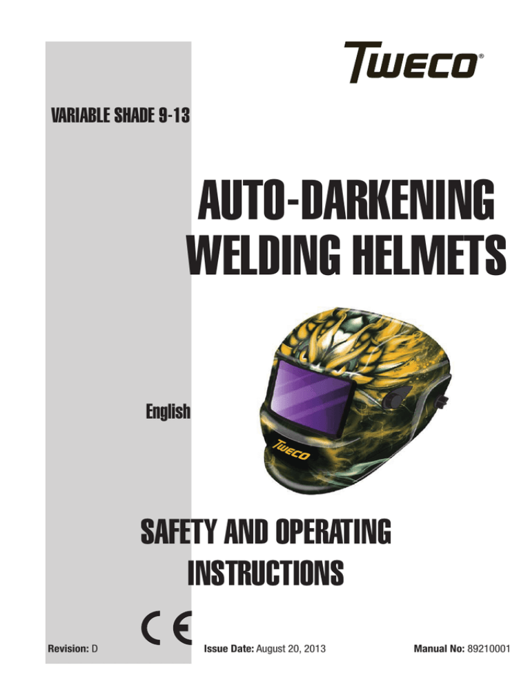 ESAB Variable Shade 9-13 Auto-Darkening Welding Helmets User manual ESAB Variable Shade 9-13 Auto-Darkening Welding Helmets User manual