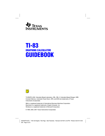 Texas Instruments TI83, TI-83 - Plus Graphing Calculator, 83CML/ILI/U - 83 Plus Graphics Calc User manual Texas Instruments TI83, TI-83 - Plus Graphing Calculator, 83CML/ILI/U - 83 Plus Graphics Calc User manual