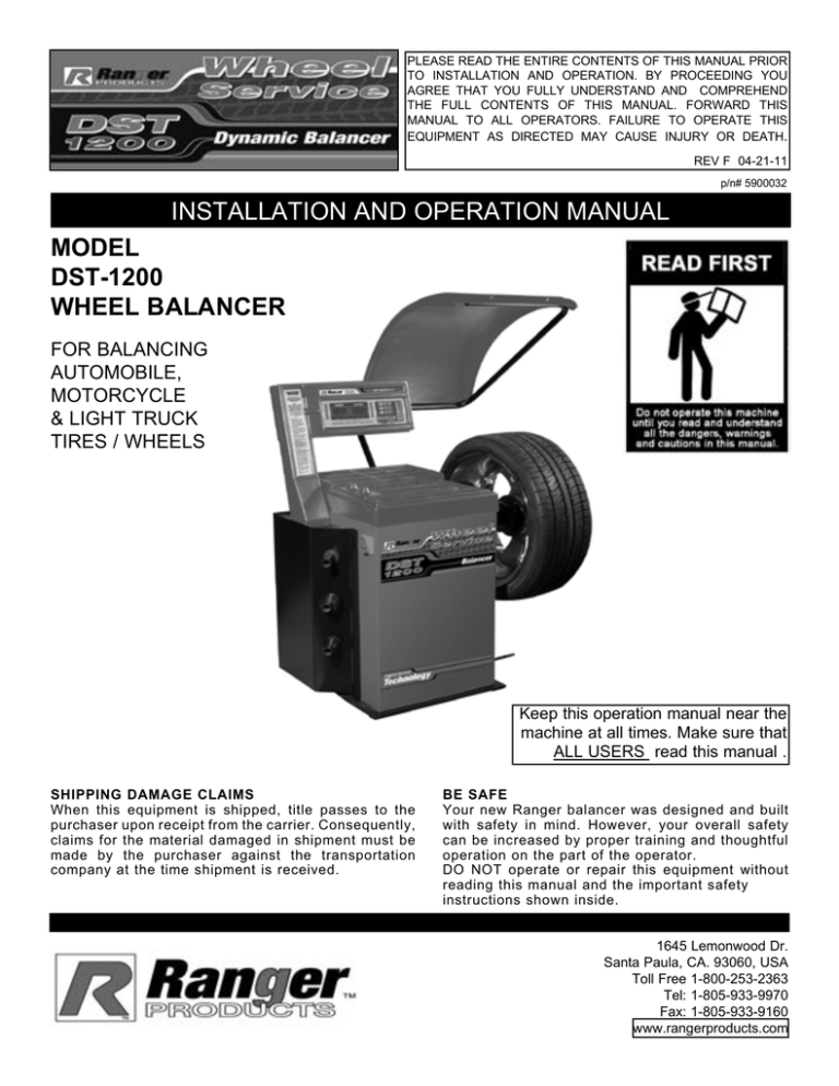 MODEL DST-1200 WHEEL BALANCER INSTALLATION AND MODEL DST-1200 WHEEL BALANCER INSTALLATION AND