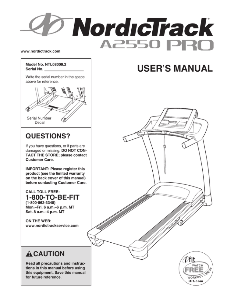 NordicTrack 30362.2, A2550 Pro Treadmill User manual NordicTrack 30362.2, A2550 Pro Treadmill User manual