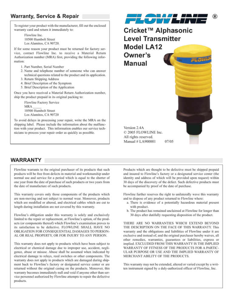 ® Cricket™ Alphasonic Level Transmitter Model LA12 Owner`s Manual ® Cricket™ Alphasonic Level Transmitter Model LA12 Owner`s Manual