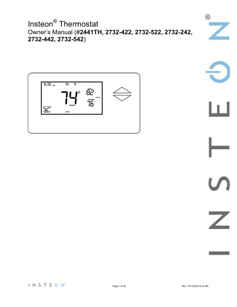 INSTEON Refurbished Remote Control Wall Thermostat, Wired Thermostat for Heat Pumps, Wired Thermostat, 2441TH, Remote Control Wall Thermostat User manual INSTEON Refurbished Remote Control Wall Thermostat, Wired Thermostat for Heat Pumps, Wired Thermostat, 2441TH, Remote Control Wall Thermostat User manual