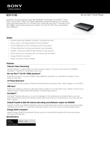 Sony BDP-S185 Blu-ray Disc Player Data Sheet Sony BDP-S185 Blu-ray Disc Player Data Sheet