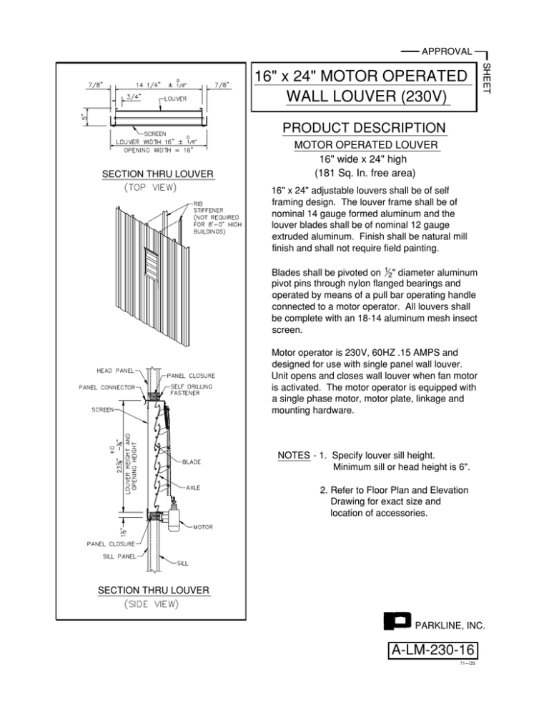 16 x 24 MOTOR OPERATED WALL LOUVER (230V) 16 x 24 MOTOR OPERATED WALL LOUVER (230V)