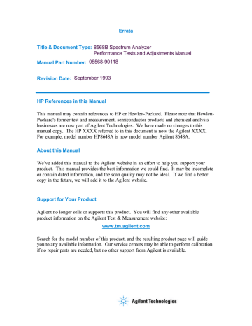 Performance Tests and Adjustments Manual 8568B Spectrum Performance Tests and Adjustments Manual 8568B Spectrum