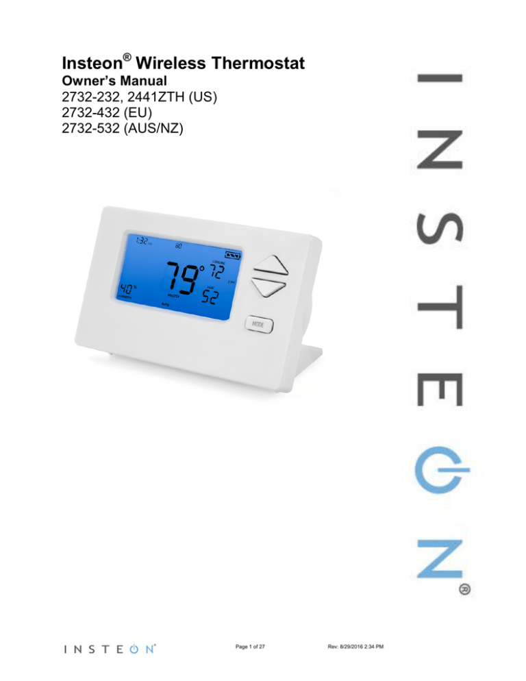 INSTEON Wireless thermostat Owner's manual INSTEON Wireless thermostat Owner's manual
