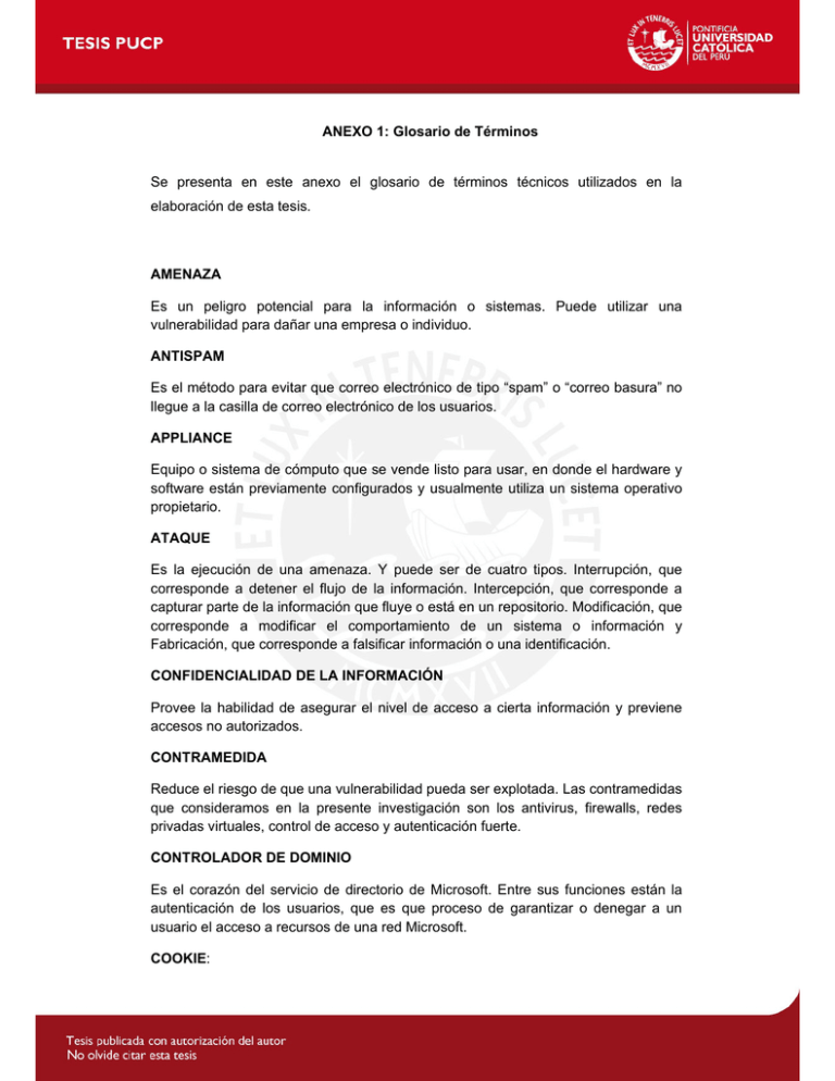 ANEXO 1: Glosario de Términos Se presenta en este ANEXO 1: Glosario de Términos Se presenta en este