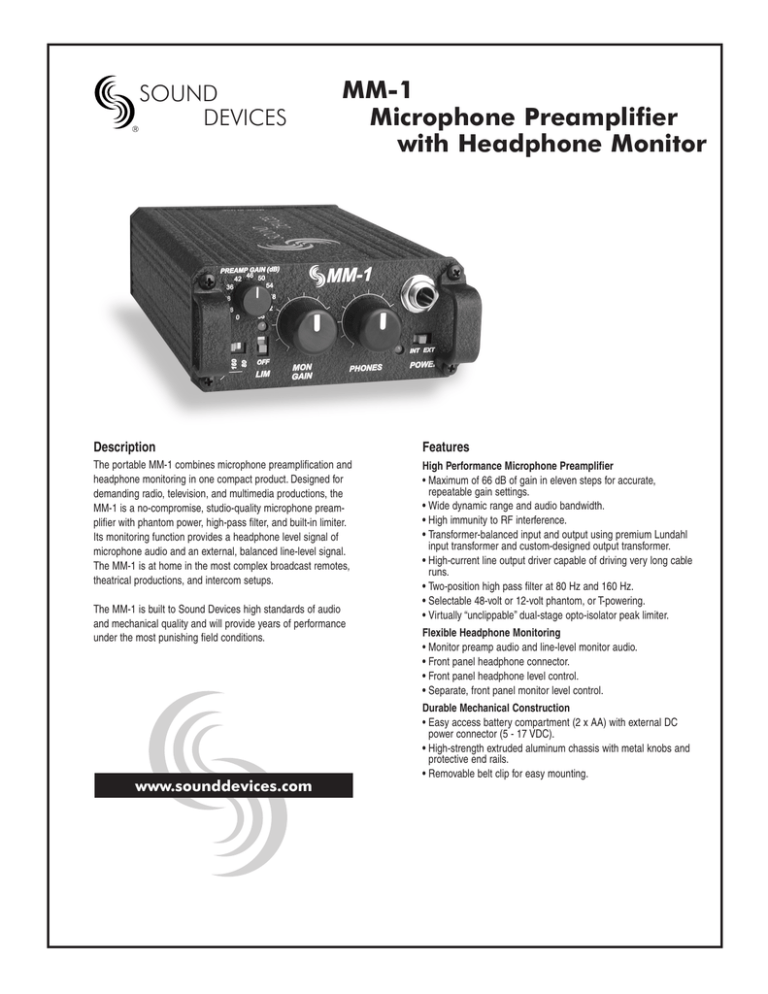 MM-1 Microphone Preamplifier with Headphone Monitor MM-1 Microphone Preamplifier with Headphone Monitor