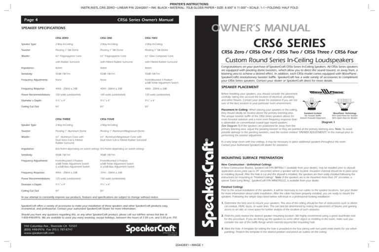 SpeakerCraft PROFILE CRS6 THREE, PROFILE CRS6 ONE, PROFILE CRS6 TWO Owner's manual SpeakerCraft PROFILE CRS6 THREE, PROFILE CRS6 ONE, PROFILE CRS6 TWO Owner's manual
