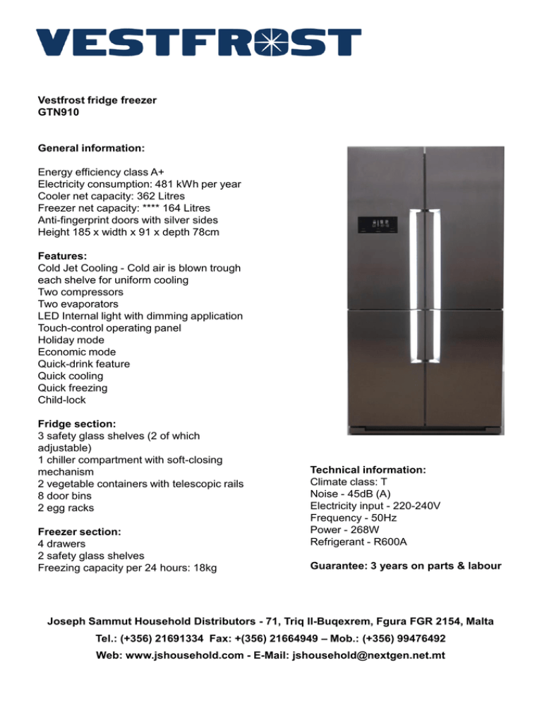 Vestfrost fridge freezer GTN910 Vestfrost fridge freezer GTN910