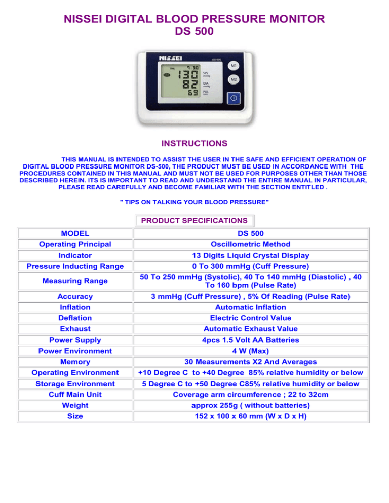 NISSEI DIGITAL BLOOD PRESSURE MONITOR DS 500 NISSEI DIGITAL BLOOD PRESSURE MONITOR DS 500