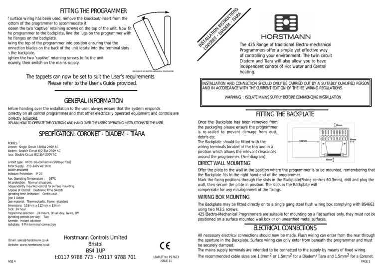 fitting the backplate electrical connections specification: coronet fitting the backplate electrical connections specification: coronet