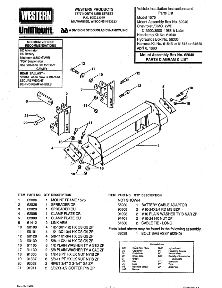 B WESTERN PRODUCTS Vehicle Installation Instructions and Parts B WESTERN PRODUCTS Vehicle Installation Instructions and Parts