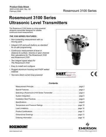 Rosemount 3100 Series Ultrasonic Level Transmitters Rosemount 3100 Series Ultrasonic Level Transmitters