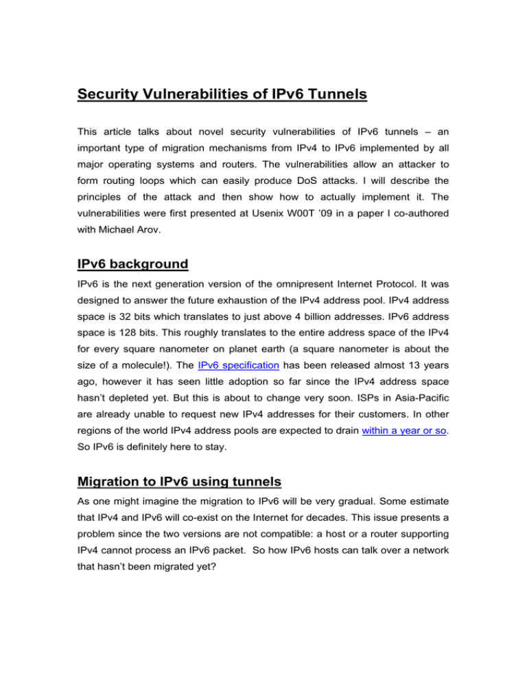 Security Vulnerabilities of IPv6 Tunnels Security Vulnerabilities of IPv6 Tunnels