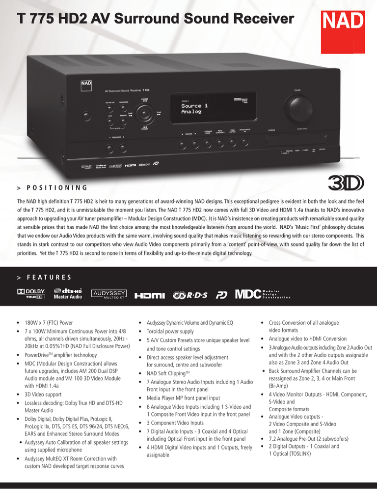 T 775 HD2 AV Surround Sound Receiver T 775 HD2 AV Surround Sound Receiver