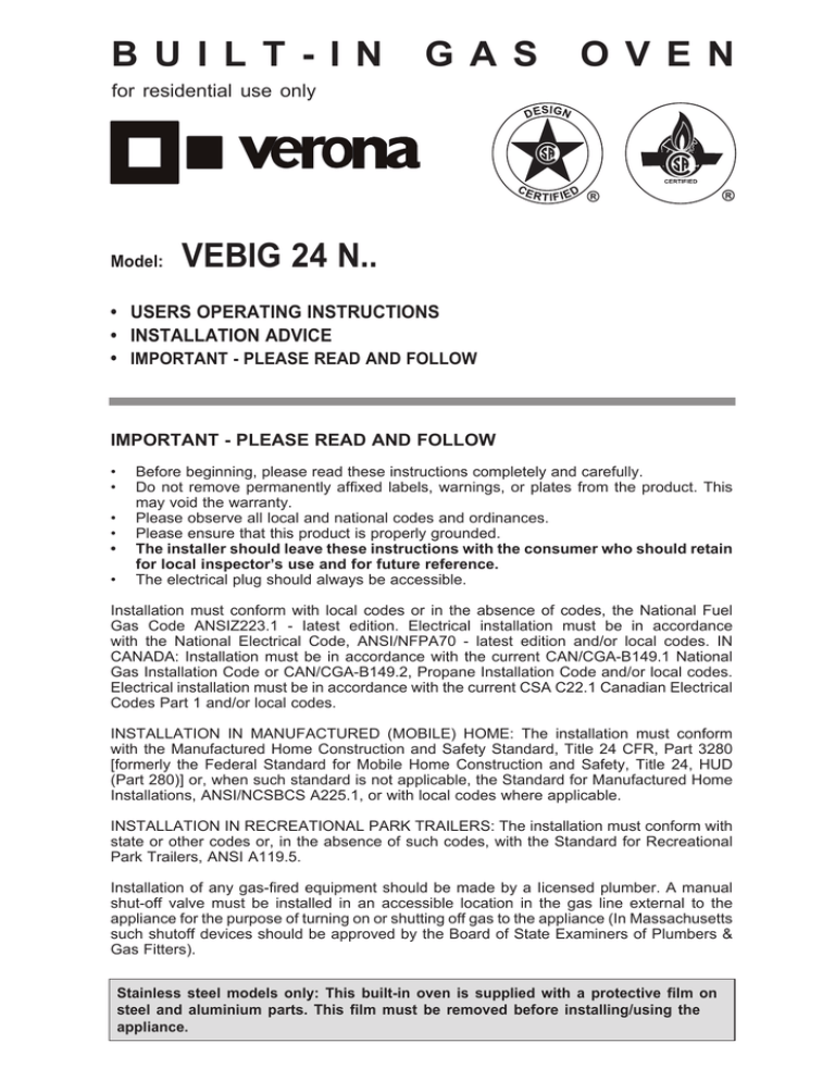 Verona VEBIG24NSS Installation guide Verona VEBIG24NSS Installation guide