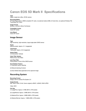 Canon EOS 5D Mark II Specifications Canon EOS 5D Mark II Specifications