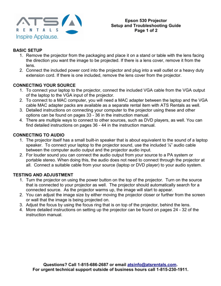 Epson 530 Projector Setup and Troubleshooting Guide Page 1 of 2 Epson 530 Projector Setup and Troubleshooting Guide Page 1 of 2