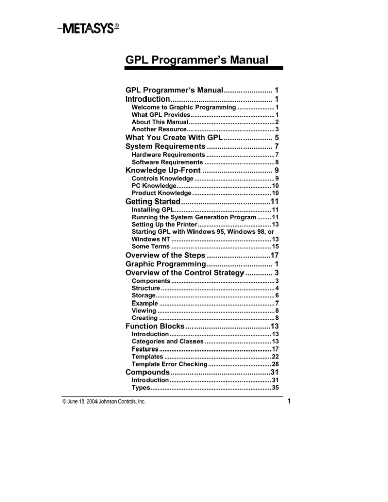 GPL Programmer`s Manual - Johnson Controls | Product Information GPL Programmer`s Manual - Johnson Controls | Product Information