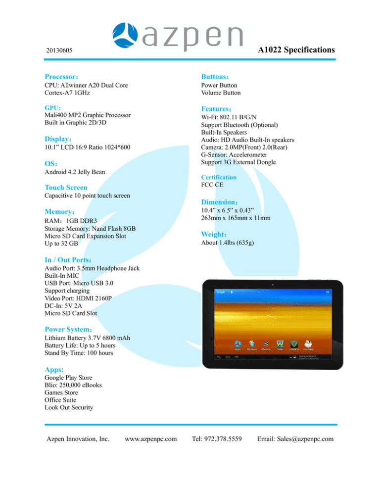 A1022 Specifications A1022 Specifications