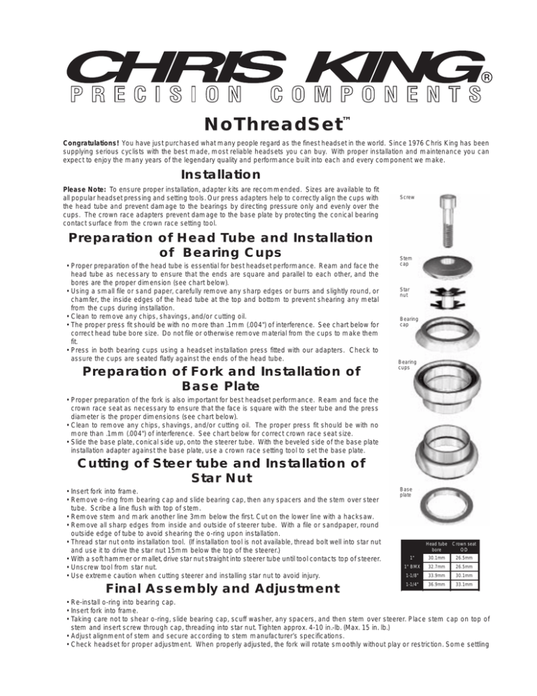 Chris King NoThreadSet Headset Manual Chris King NoThreadSet Headset Manual