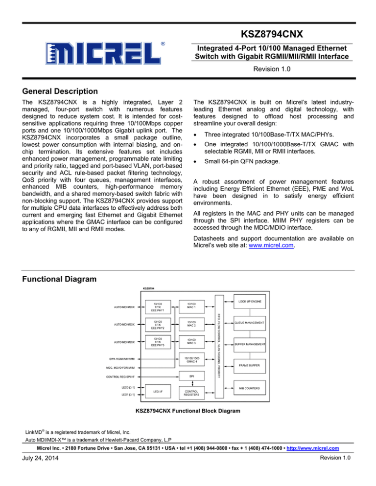 Integrated 4-Port 10/100 Managed Ethernet Switch with Gigabit Integrated 4-Port 10/100 Managed Ethernet Switch with Gigabit