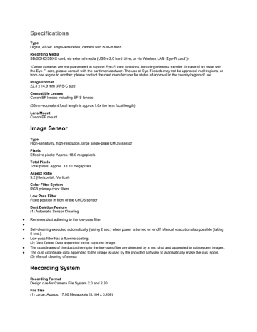 Specifications Image Sensor Recording System Specifications Image Sensor Recording System