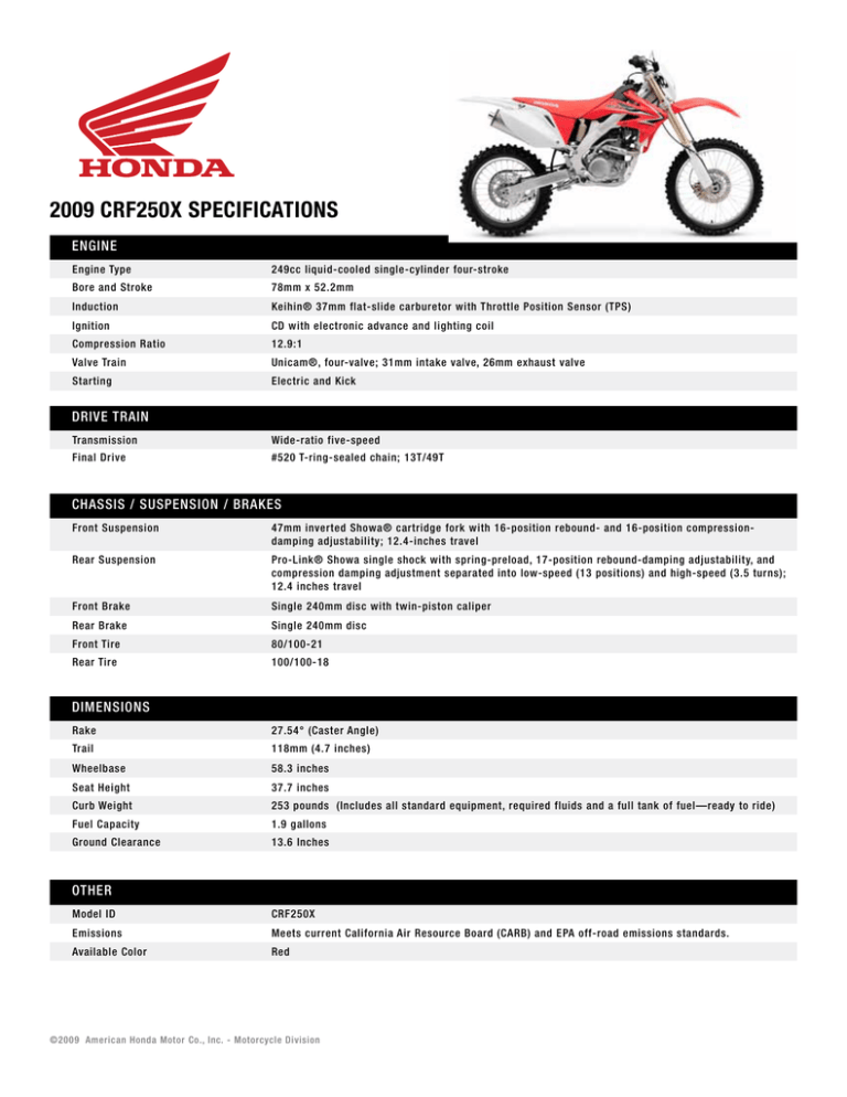 2009 CRF250X SpeCiFiCationS 2009 CRF250X SpeCiFiCationS