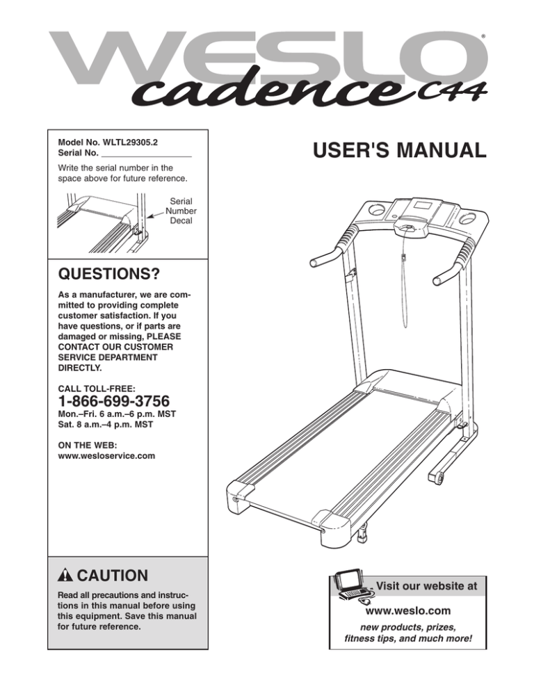 Weslo CADENCE C44, Cadence C44 Treadmill, WLTL29305.2 User manual Weslo CADENCE C44, Cadence C44 Treadmill, WLTL29305.2 User manual