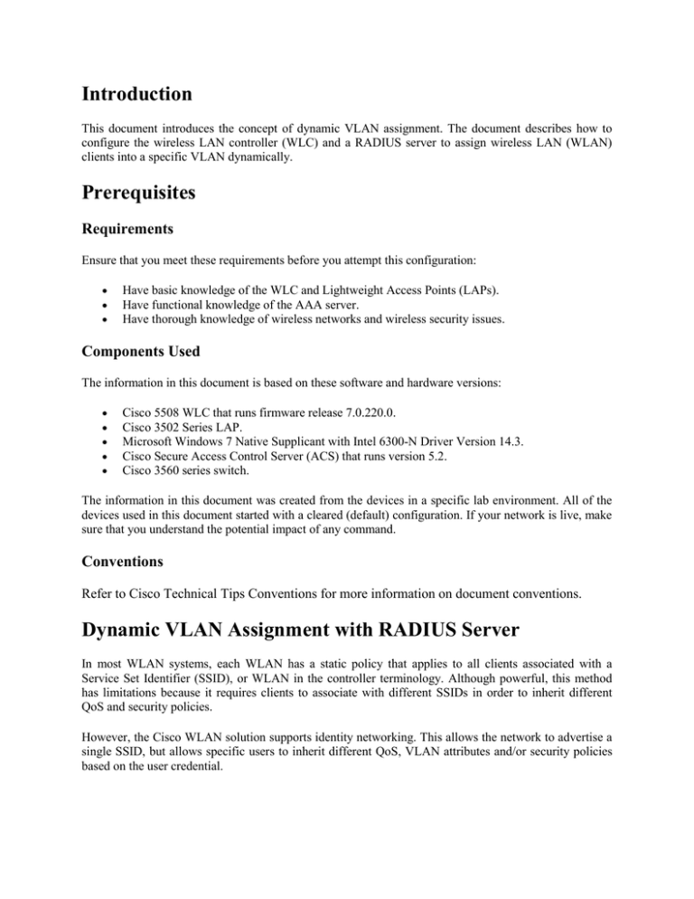 Introduction Prerequisites Dynamic VLAN Assignment with RADIUS Introduction Prerequisites Dynamic VLAN Assignment with RADIUS