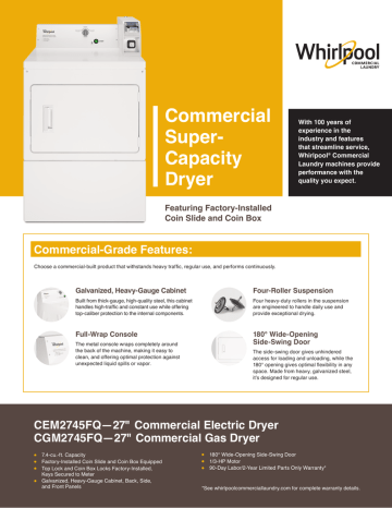 Whirlpool CEM2745FQ 7.4 cu. ft. 240-Volt White Commercial Electric Vented Dryer Coin Operated Specification | Manualzz