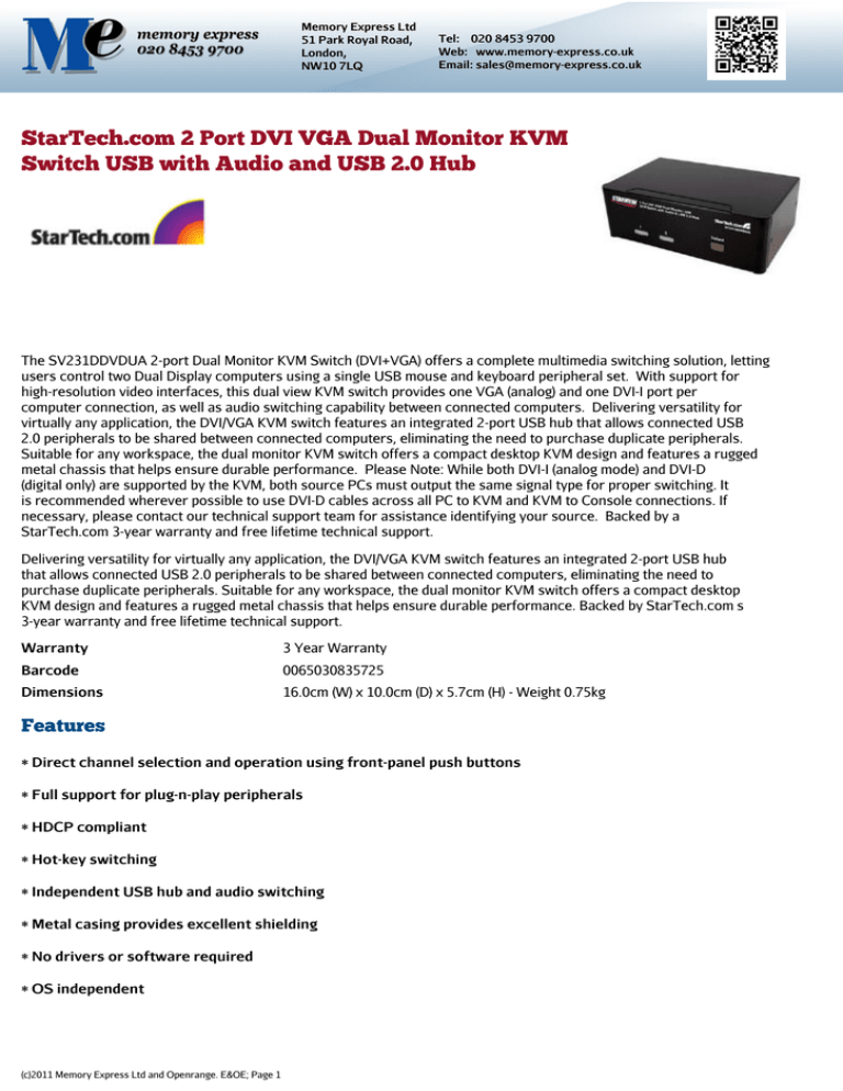 StarTech.com 2 Port DVI VGA Dual Monitor KVM Switch USB with StarTech.com 2 Port DVI VGA Dual Monitor KVM Switch USB with