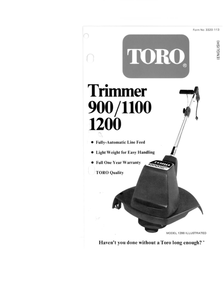 Toro 1100 Electric Trimmer, 1200 Electric Trimmer, 900 Electric Trimmer User manual Toro 1100 Electric Trimmer, 1200 Electric Trimmer, 900 Electric Trimmer User manual
