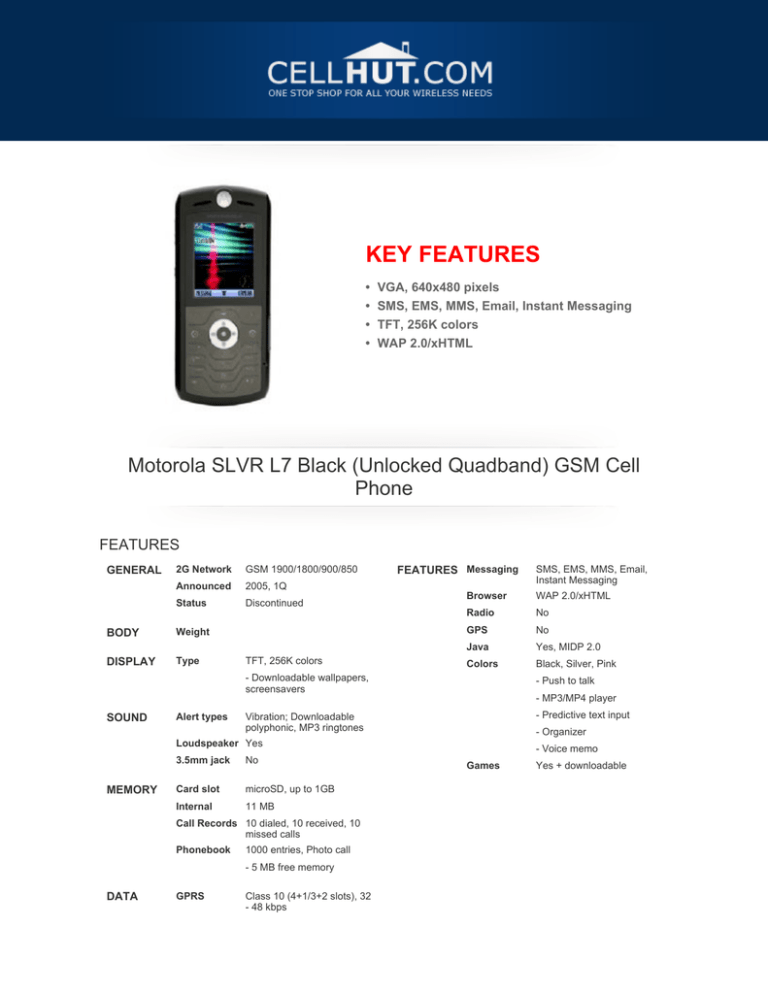 Motorola SLVR L7 Black (Unlocked Quadband) GSM Cell Motorola SLVR L7 Black (Unlocked Quadband) GSM Cell