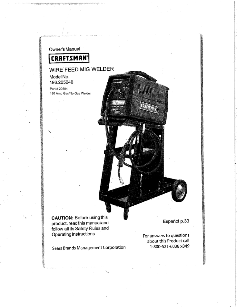 Part # 20504 180 Amp Gas/No Gas Welder Part # 20504 180 Amp Gas/No Gas Welder
