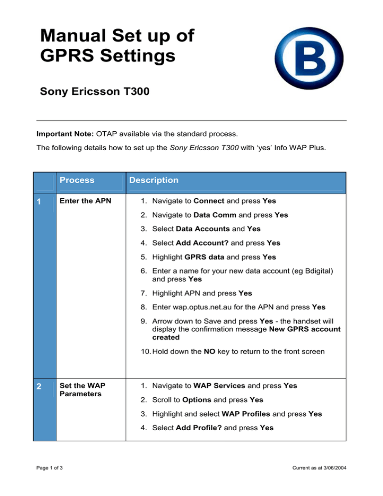 Manual Set up of GPRS Settings Sony Ericsson T300 Manual Set up of GPRS Settings Sony Ericsson T300