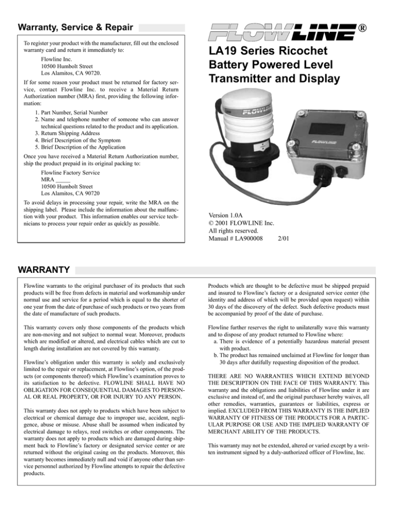 ® LA19 Series Ricochet Battery Powered Level Transmitter and ® LA19 Series Ricochet Battery Powered Level Transmitter and