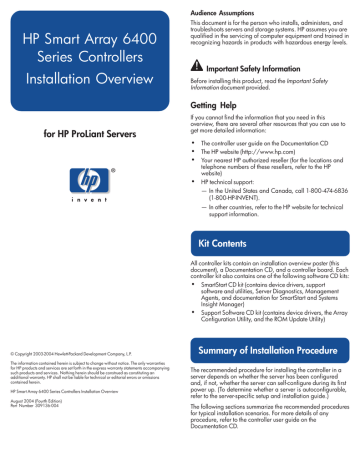 HP Smart Array 6400 Series Controllers Installation Overview HP Smart Array 6400 Series Controllers Installation Overview