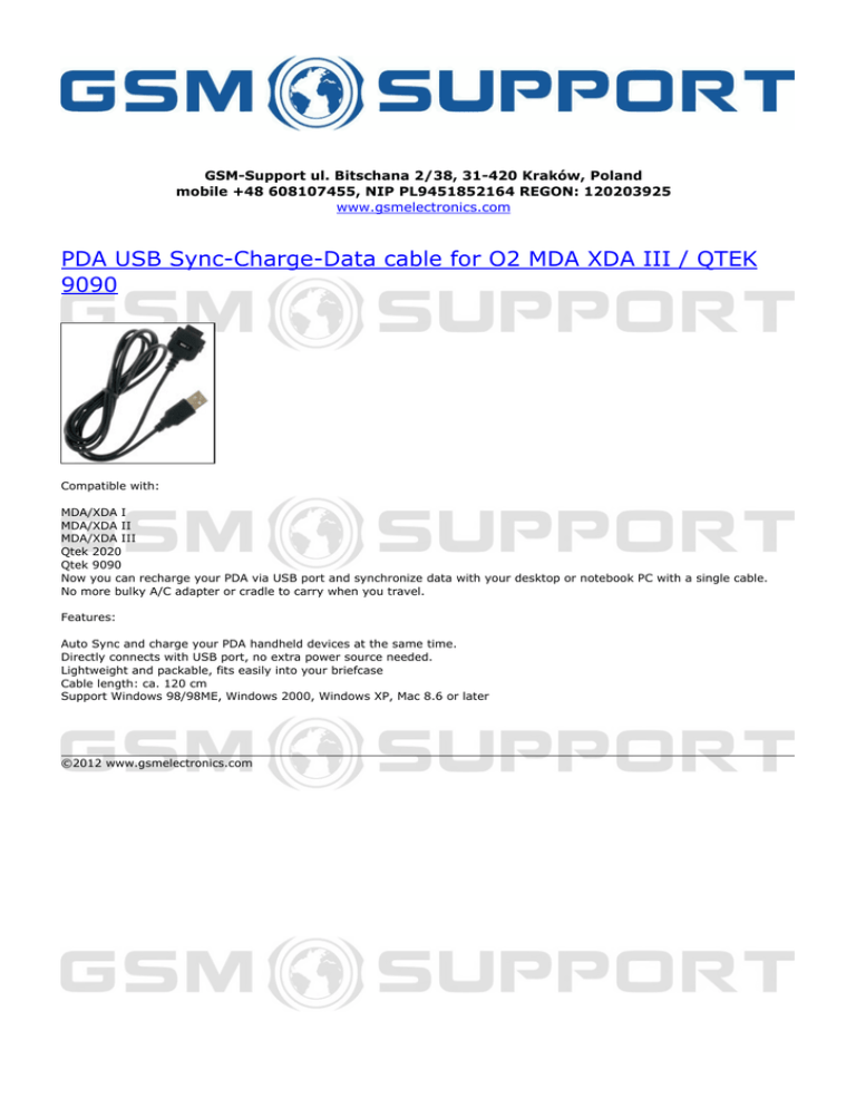 PDA USB Sync-Charge-Data cable for O2 MDA XDA III / QTEK 9090 PDA USB Sync-Charge-Data cable for O2 MDA XDA III / QTEK 9090